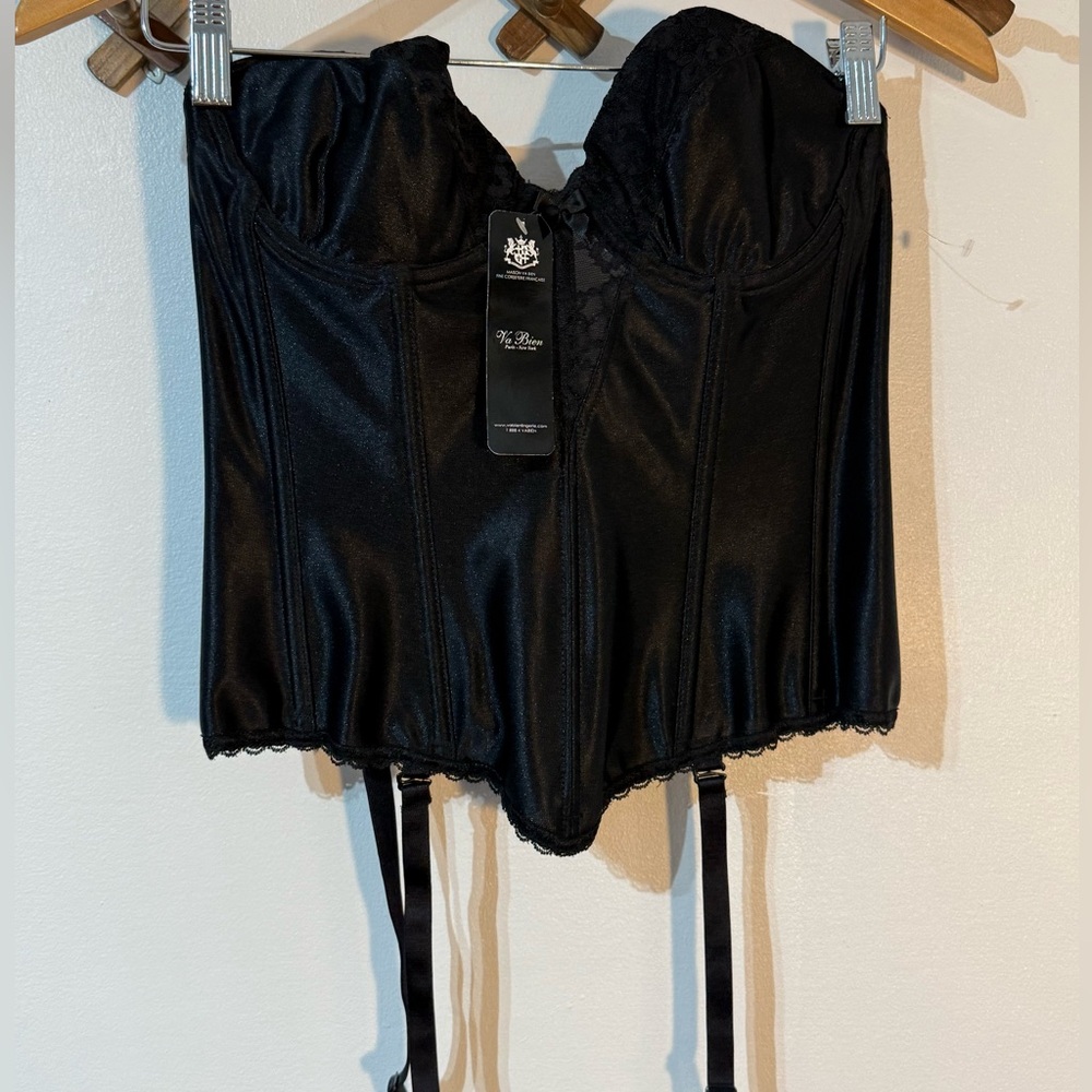 Va Bien Black Satin Lace Trimmed Strapless Corset Size 36B